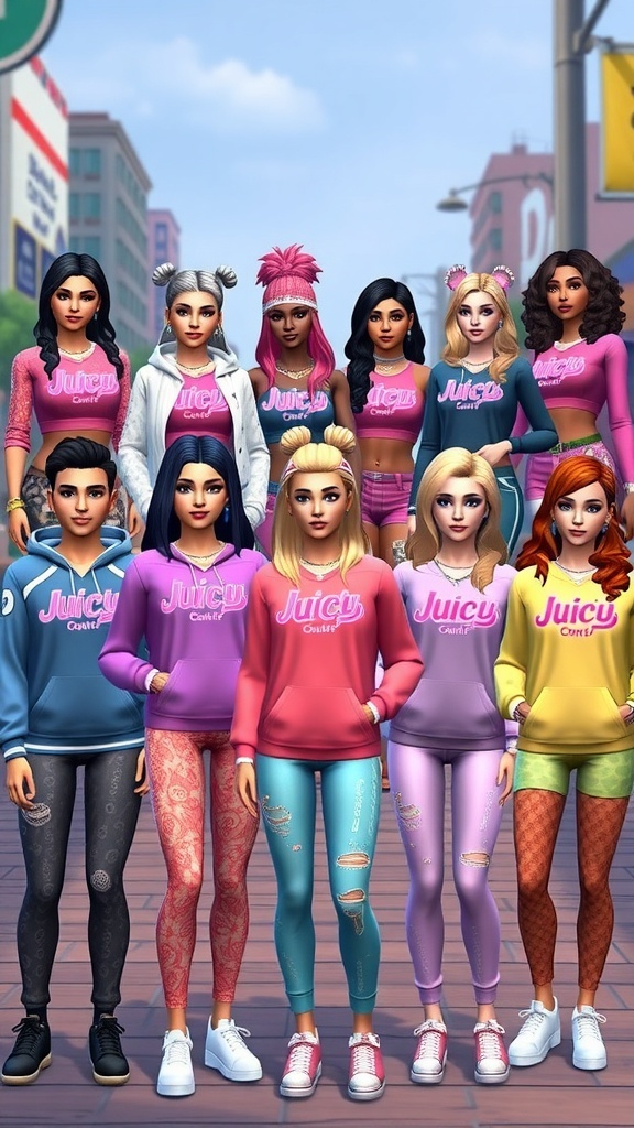 Sims 4 characters dressed in stylish Juicy Couture inspired outfits in an urban setting.